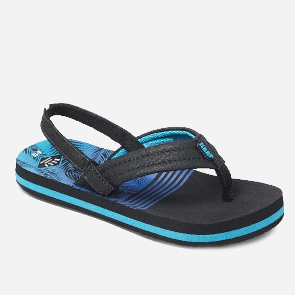 NWB Reef Little Ahi Aqua Palms Pool Flip Flop Sandals Black Blue Kids Size 5 / 6